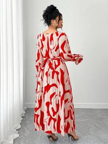 Elenzga Sukienka plisowana z długim rękawem i kwadratowym dekoltem dla kobiet w dużych rozmiarach, idealna na wyjścia i spotkania - Czerwony - Zobacz 2