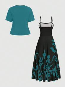 SHEIN Clasi Conjunto de vestido con cintura elástica y dobladillo de paraguas talla grande talla grande, y cárdigan de manga corta - Agua verde azul - Ver 2
