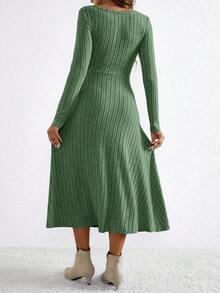 SHEIN 孕妇休闲纯色罗纹圆领长袖连衣裙 - 綠色 - 查看 2