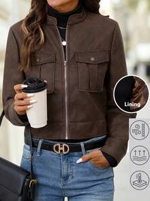 SHEIN Clasi Áo khoác ngắn màu xanh lá cây kiểu dáng tiện dụng dành cho nữ, chất liệu dày dặn, trang trí cúc kim loại, phù hợp cho mùa thu/đông và năm mới. Áo khoác màu nâu. - màu nâu - Xem 12