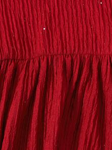 Glamorique Kids Girls' Vintage Elegant Velvet Pearl Decor Hollow Out Round Neck Puff Sleeve High Waist A-Line Mid-Length Dress - Red - View 5