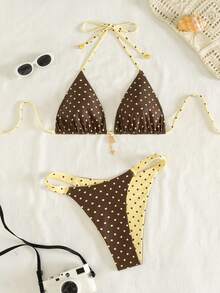 Swim Mod Women's Summer New Seaside Vacation Fashion Sweet Cute Contrast Polka Dot Print Reversible Halter Tie Back Sexy Bikini Set Set Summer Bikini Cute Swimsuits Polka Dot Bikini Polka Dot Bathing Suit - Multicolor - View 4