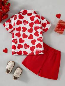 2pcs/Set Young BoyValentine's Day Heart Print Shirt And Shorts Set, Suitable For Valentine's Day Party And Other Occasions Boys Love Shirt Kids Red And White Outfit Red And White Shirt Kids Boys Heart Print Shirt Boys Red Shorts Set - Red - View 2