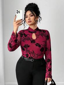 Elenzga Burgundy,Autumn,Elegant,Dinner Plus Size Women Mandarin Collar Printed Long Sleeve Button-Up T-Shirt,Fashionable Church Tops & Blouses For Women - Burgundy - View 6