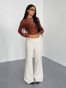 StreetHx Women's Solid Color Wide Waist Buckle Design Wide Leg Pants - Apricot - View 4