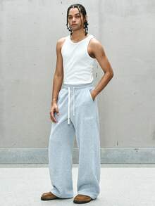 PAVTROS 男士宽松阔腿抓绒运动裤，纯色设计，带抽绳和刺绣细节，休闲长款运动裤，适合日常穿着、慢跑和其他场合，是秋冬季节的百搭单品。 - 淺灰色 - 查看 6