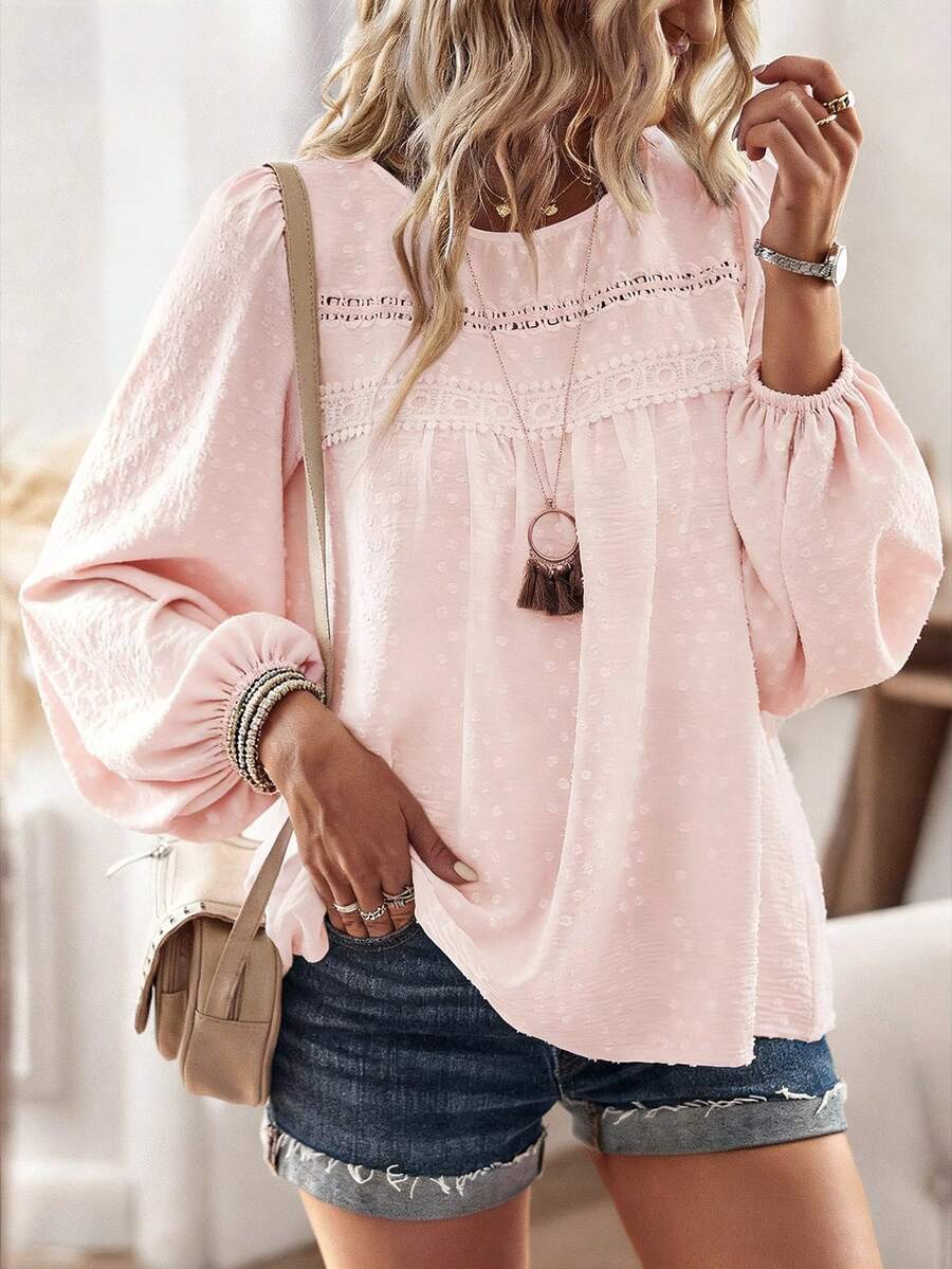 EMERY ROSE Women's Casual And Elegant Minimalist Textured Fabric Round Neck Long Sleeve Blouse,Fall And Spring Vcation T-Shirt Boho Blouses Lantern Sleeve Blouse Women Blouses Long Sleeve Pink Blouses Long Sleeve Summer Top - Baby Pink - View 1