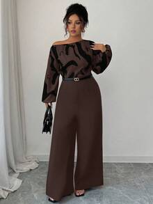 Elenzga Women's Printed Patchwork Waist Wide Leg Jumpsuit, Elegant Silhouette For Daily Commute And Versatile Wear - Chocolate Brown - View 5