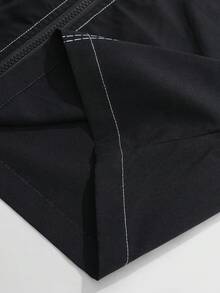 PAVTROS 2pcs Men's Fashionable, Outfit Set: Box Zipper Collar Long Sleeve Shirt, Elastic Waist Pants With Slit Hem Design, Minimalist Luxe Set, Lightweight Sporty Style, Fashionable, Energetic, Casual, Personalized, Daily Wear, Party, Travel, Holiday Gift,Men's,Baggy,Best,Boyfriend,Summer,Vacation,Y2k,Retro,Friends - Black - View 5