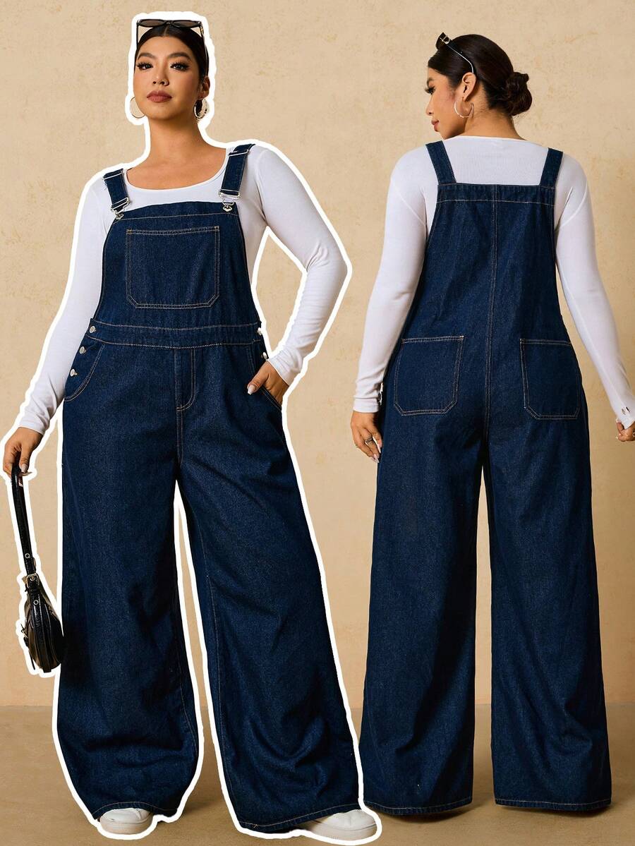 SHEIN PETITE CURVE Peto vaquero holgado de talla grande para mujer con diseño de botones, bolsillos y piernas anchas, de estilo casual y elegante, en color azul oscuro, con un ajuste suelto y bolsillos funcionales, ideal para uso diario, invierno, Navidad, Año Nuevo, Acción de Gracias, viajes, graduación, estilo Y2K, uso casual, fiesta, boda, negocios y talla grande - Azul - Ver 1