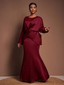 2026秋冬大码女装套装，乡村音乐节服装，婚礼宾客装，约会之夜礼服，优雅晚宴，性感修身交叉V领长袖上衣搭配直筒长裙两件套 - 酒紅色 - 查看 4