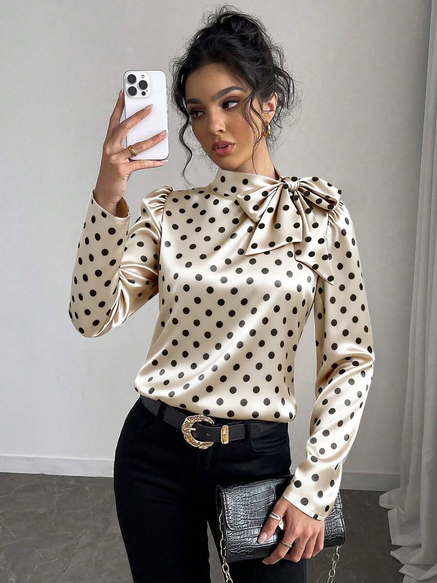 Elenzga 女士波点印花优雅系领泡泡袖衬衫 - 杏色 - 查看 1