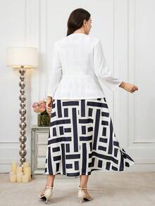 Modelyn Plus Size Women Solid Color 3/4 Sleeve Jacket And Elegant Geometric Print Round Neck Sleeveless Dress Set - Black and White - View 5