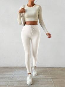 Chiquease Glamine 女士米色休闲针织打底裤，休闲长裤，优雅通勤约会百搭长裤，基础款长裤，简约长裤，女士秋季穿搭，外出下装 - 米色 - 查看 4