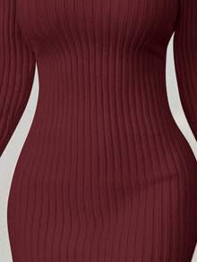 Flirla Women's Solid Color V-Neck Long Sleeve Fitted Knit Sweater Dress, Autumn/Winter - Burgundy - View 6