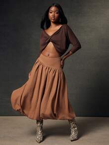 NYA SZN Skirt High Rise Bubble Brown Chic Elegant Event Party Casual Holiday Festival Midi Length Winter Carnival Outfits For Women - Coffee Brown - View 6