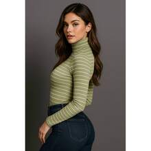 Blusa Top de Líneas Rayas Cuello Alto Manga Larga para Mujer Dama Sexy Casual Básico Lindo Adorable Tierno Ajustada - Verde - Ver 5