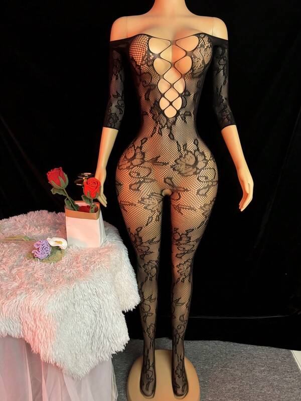 ChaseTheNight بودي سوت رمادي مثير بأكمام طويلة وكتف عاري و مزخرف بالتفاصيل المثقوبة للنساء بمقاس كبير أشفاف عالية