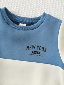 Cozy Pixies Unisex Baby Loose Color Block Patchwork Blue Fleece Thick Pullover Pullover Sweatshirt, Suitable For Winter - Blue - View 4