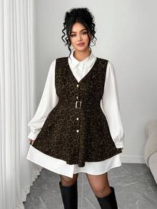 Elenzga Plus Size Women Suede Leopard Print Casual Shirt Dress 2 Pieces Set, Autumn/Winter Fall - Maroon - View 5