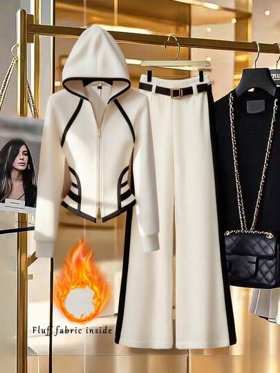 Regalyn Conjunto casual de 2 piezas de chaqueta con capucha con cremallera y pantalones de contraste de color para mujer talla grande en otoño