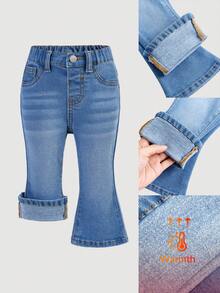 SHEIN Baby Girls' Blue Denim Thermal Lined Elastic Skinny Flare Pants - Medium Wash - View 1