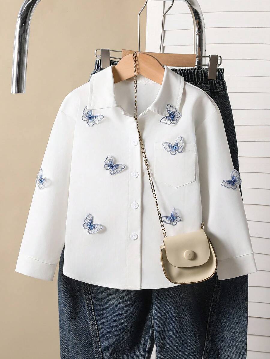 Young Girls' Casual Butterfly Button Long Sleeve Shirt - White - View 1