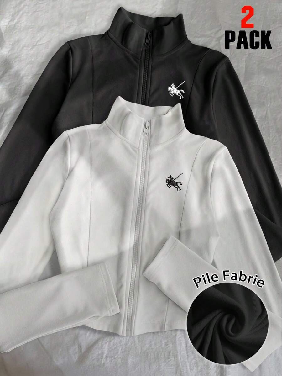 INAWLY 女式黑白 Polo 图案印花轻便夹克，休闲街头风格运动拉链修身长袖外套，秋季 - 彩色 - 查看 1