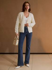 MOTF PREMIUM Áo len cardigan cổ chữ V trơn kim sa - Màu be - Xem 5