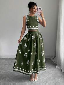 Elenzga 女士花卉印花圆领无袖上衣和百褶迷你裙两件套，时尚 - 軍綠色 - 查看 3