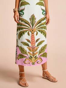 CAJUNI 女士休闲热带度假风水彩椰树花卉印花粉绿米色佩斯利抹胸无袖系带长裙，优雅长裙，约会装扮 - 杏色 - 查看 5