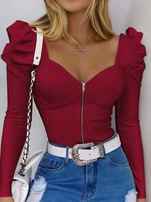 INAWLY Áo thun tay dài Raglan hở trước gợi cảm, vừa vặn, thoải mái, có khóa kéo - Màu Đỏ Sâu - Xem 3