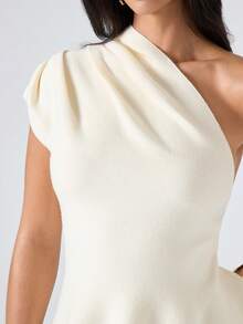 LYSMO 女士纯色不对称领口褶皱优雅针织上衣 - 米色 - 查看 7