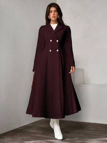 Rafferiza 女士纯色长袖双排扣长款休闲外套，秋冬款 - 酒紅色 - 查看 1