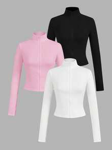 SHEIN EZwear Bộ 3 áo thun dài tay có khóa kéo màu trắng, đen, hồng, phong cách tối giản thường ngày dành cho nữ. - Nhiều màu - Xem 14