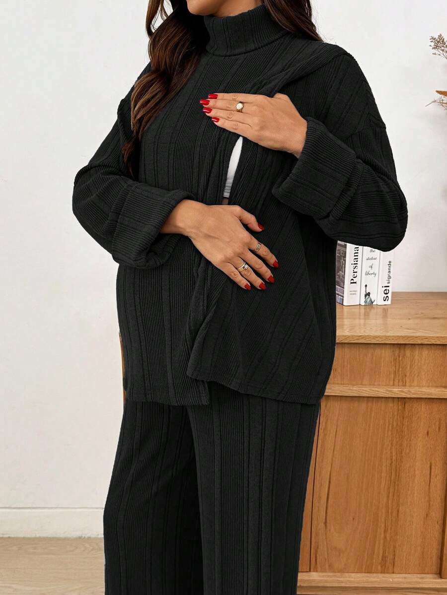 SHEIN 2件套孕妇休闲长袖上衣和裤子套装 - 黑色 - 查看 1