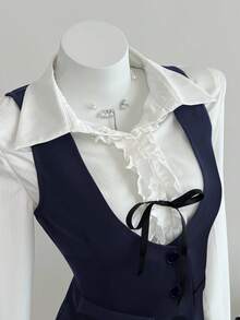 SHEIN Unity 女士秋季两件套服装，长袖背心和带蝴蝶结及荷叶边下摆的衬衫 - 藏蓝色 - 查看 5