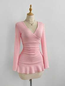 SHEIN Unity 1pc Women's Mini Dress, Blue V-Neck Jacquard Pleated Waist Ruffle Hem, Casual, Commute, Vintage Style, Autumn/Winter - Pink - View 3