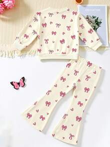 Young Girls Casual Bow Print Sweatshirt Set