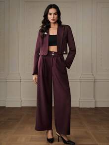Aveloria Rosie French Elegant Commuter Style Encore Red Lapel Wide-Shoulder Square Blazer Suit, Featuring Loose And Versatile High-Waist Wide-Leg Pants With Intricate Craftsmanship And Contrasting Color Metal Buttons-Women's Tailored Blazer Two-Piece Set. - Burgundy - View 3