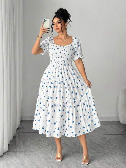 Elenzga Vestido midi elegante de manga abullonada con cuello cuadrado y plisado con estampado floral ditsy para mujer de talla grande, adecuado para verano, vuelta al colegio, graduación, vacaciones, San Valentín, festivales de música, Día de la Madre, Halloween, Acción de Gracias, Pascua, Día Nacional, bailes, citas, fiestas, bodas, actividades al aire libre
