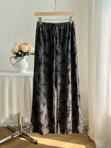 SHEIN Unity 1 件女士灰色休闲通勤纹理面料印花抽绳松紧腰口袋简约裤，时尚 - 灰色 - 查看 1