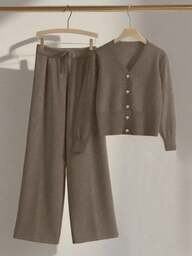 Franclia 2pcs/Set Women Casual Loose Knit Sweater & Pants Loungewear Set, Comfortable & Minimalist Design