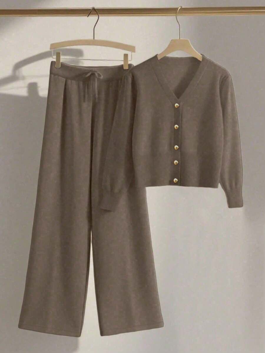 Franclia 2pcs/Set Women Casual Loose Knit Sweater & Pants Loungewear Set, Comfortable & Minimalist Design