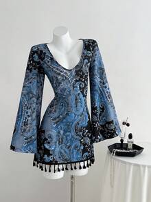 Elamini 女士短款针织连衣裙，波西米亚风腰果花图案，蕾丝拼接，喇叭长袖，休闲/日常通勤 - 藍色 - 查看 4