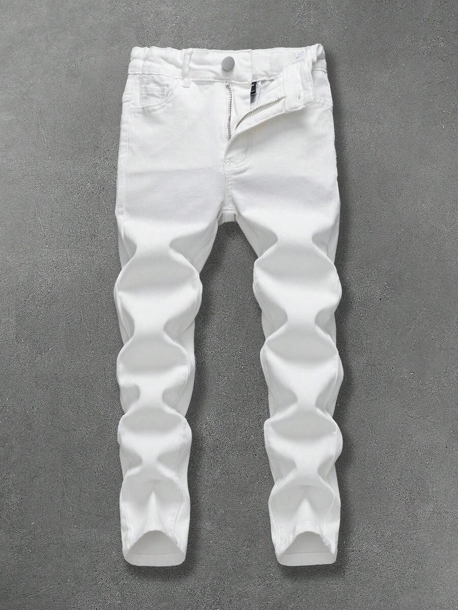 SHEIN Coolqubz Tween Boy All-Match Casual Streetwear Ripped Elastic Waist 5-Pocket Skinny Denim Jeans, Versatile Fashion Jeans All Year Round Chic Outfits For Autumn/Winter,Unisex - White - View 1