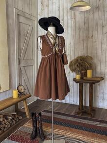 Wildy 棕色梭织无袖女士度假连衣裙 - 咖啡棕 - 查看 3