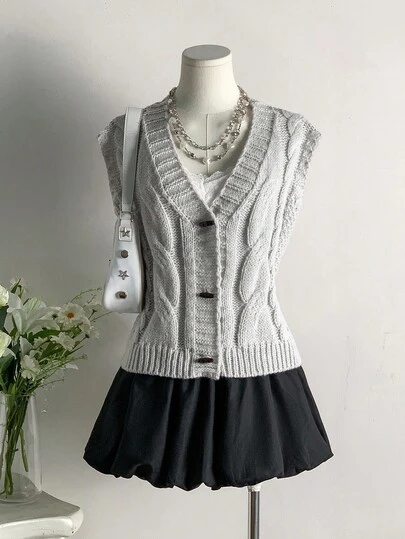 SHEIN Unity Women's V-Neck Casual Knitted Vest With Horn Buttons, Autumn/Winter
