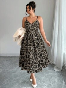 SHEIN Elenzya 大码女士提花优雅吊带连衣裙，适合婚礼宾客、秋冬季穿着 - 黑色 - 查看 3