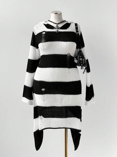 Sunspun Plus Size Women Striped Long Sleeve Ripped Casual Dark Hooded Knit Sweater Dress, Autumn/Winter